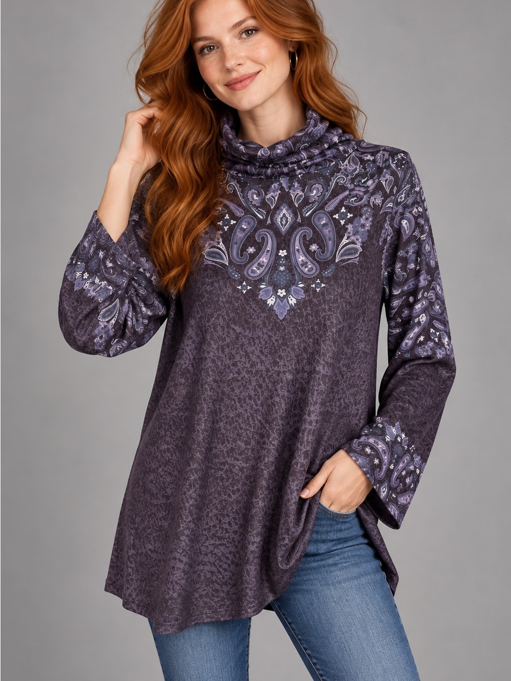 Soft Surroundings Purple Paisley Thin Ribbed Boho Layering Turtleneck Top Sz L